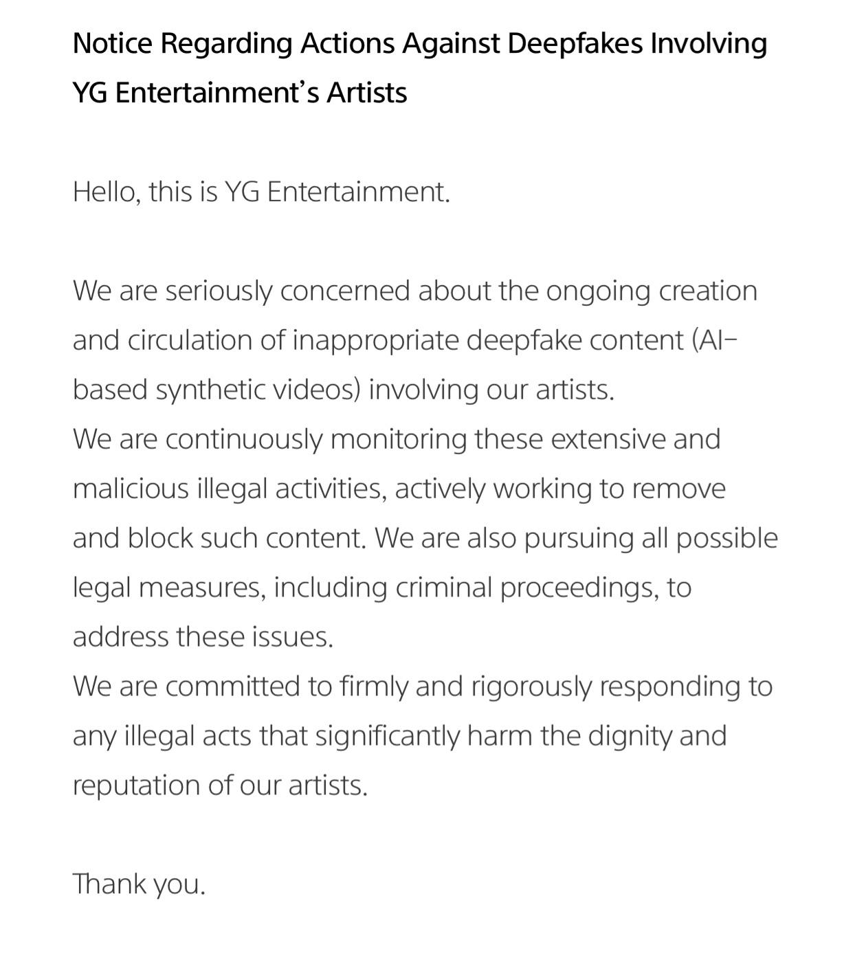 240902 YG Entertainment announces legal action regarding Deepfakes  involving their Artists : rBlackPink