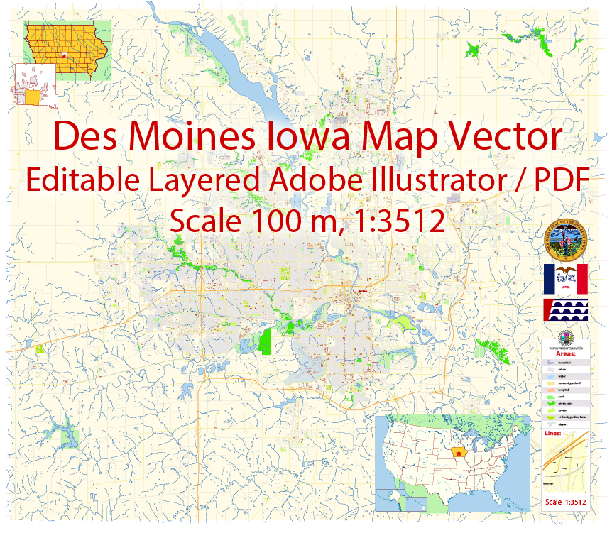Des Moines Iowa US Map Vector Exact City Plan Detailed Street Map 