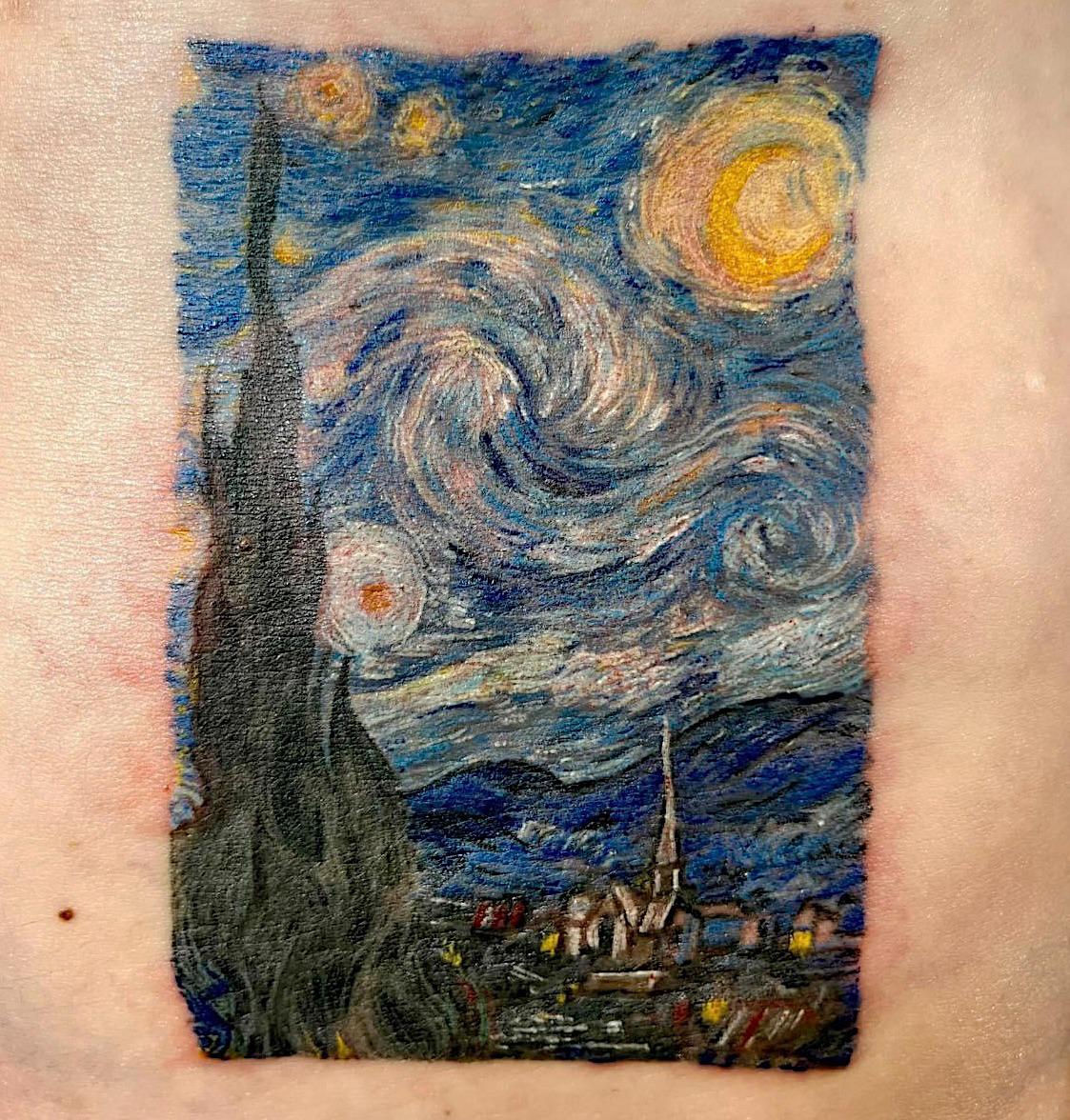 Starry night watercolor tattoos shoulder bicep arm tattoo designs