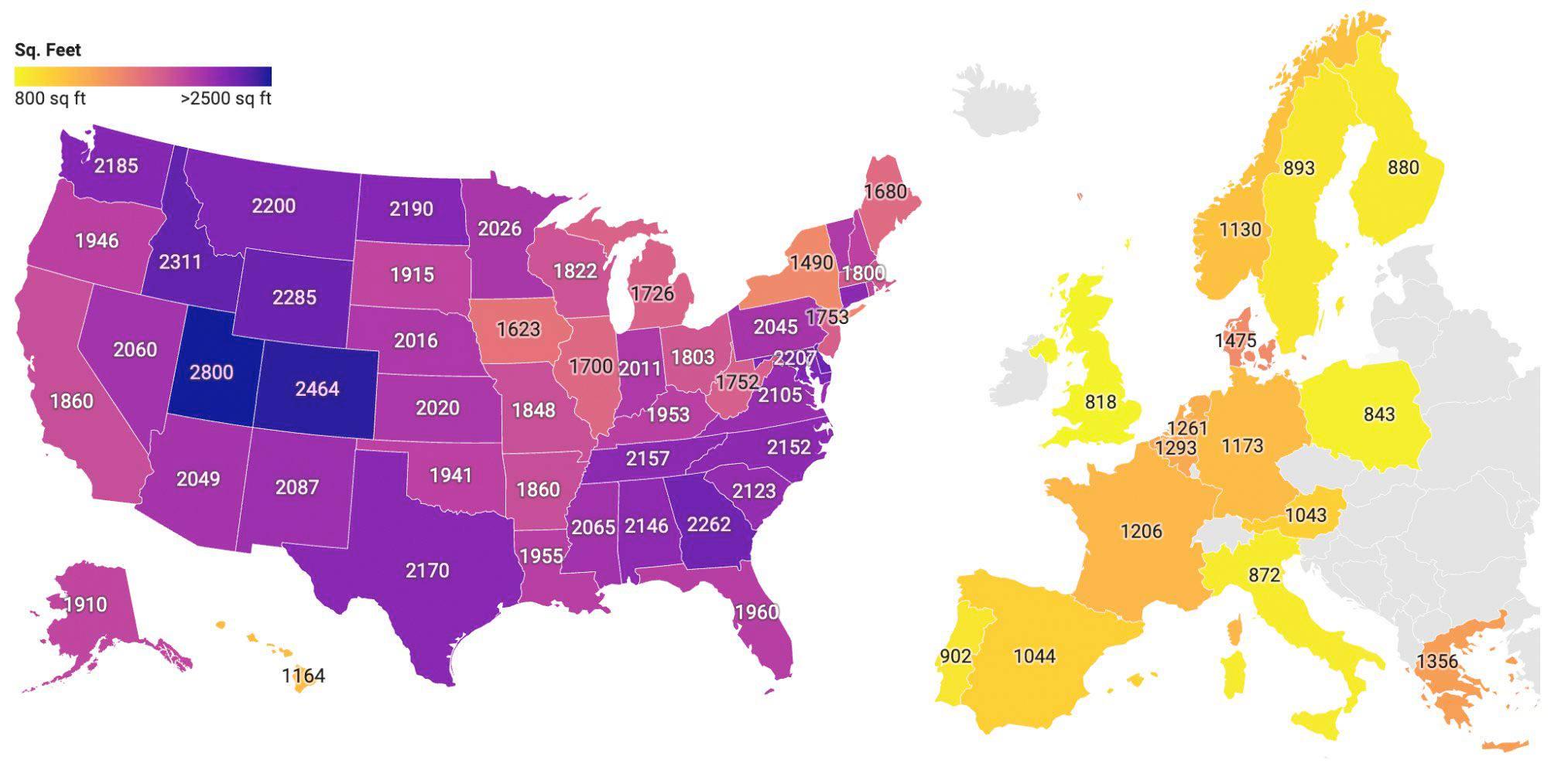 Using square feet, the average home size by state in the US and how it  compares to the average home size in Western European countries. : rMapPorn