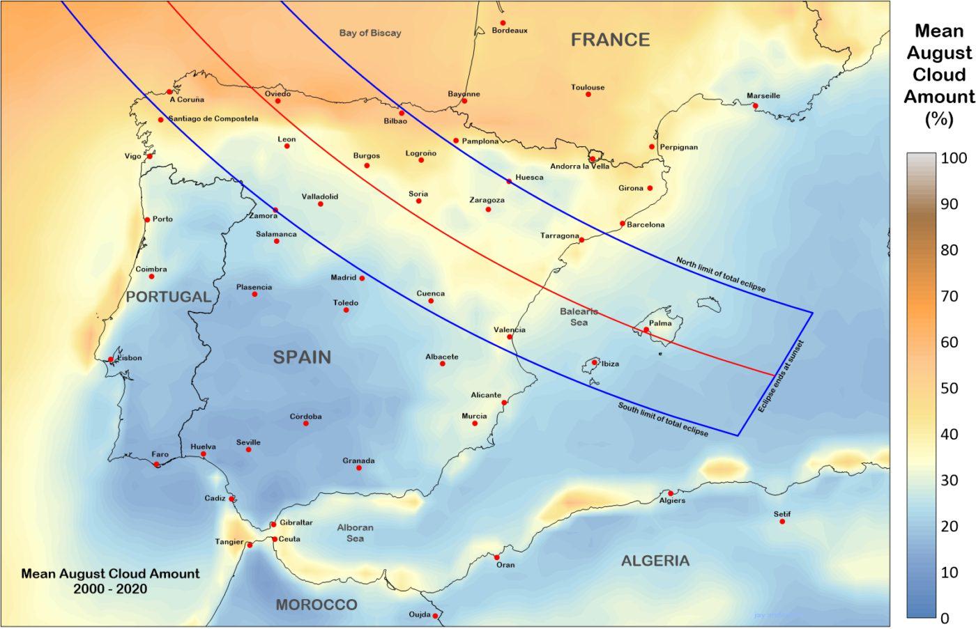 Path Of The Eclipse Across Spain In 2026 With Probable Cloud Cover R 