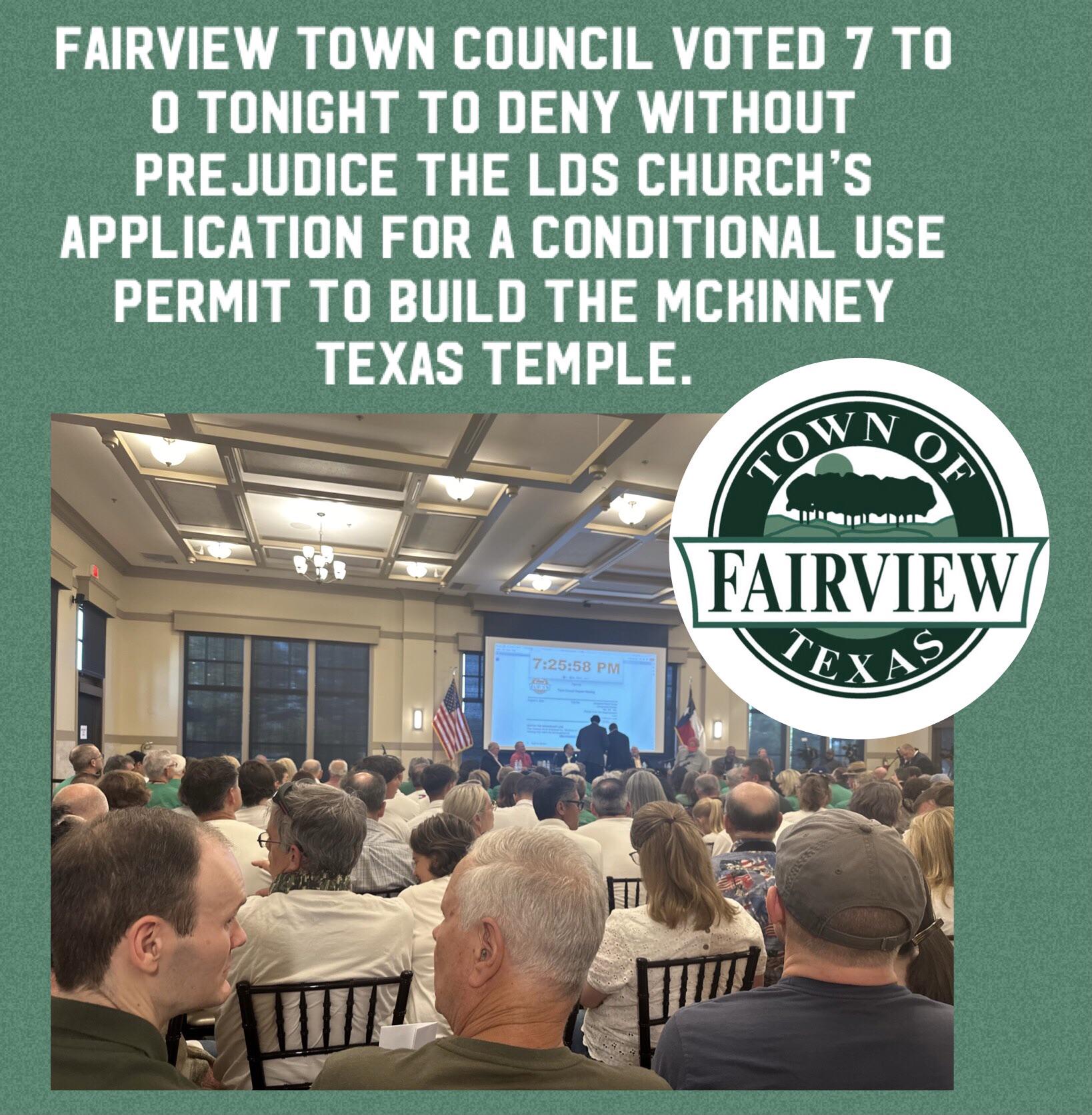 The Fairview Texas Town Council unanimously voted to deny the LDS church a conditional use permit to build the McKinney Texas LDS temple. Lawsuit to follow! : rexmormon