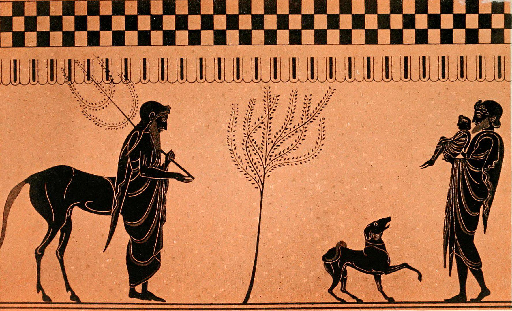 In ancient Greek depictions of Chiron the centaur, he is often represented  as having human front legs and garmets. This begs the question: where is  his penis? Front or back? : rclassics