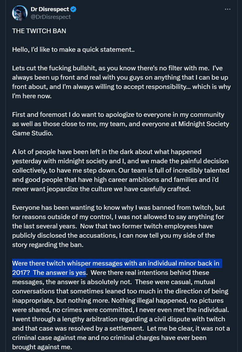 dr disrespect admits to messaging a minor : rh3h3productions