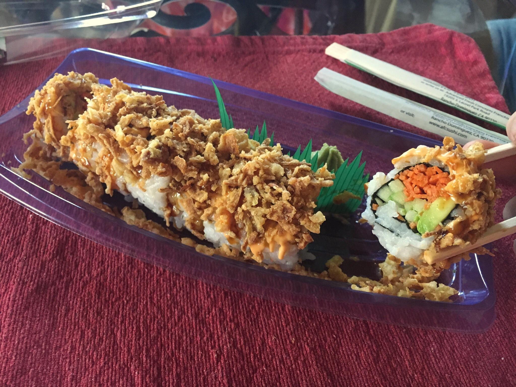 Serve with soy sauce and wasabi. Veggie Crunchy Roll R Vegetarian