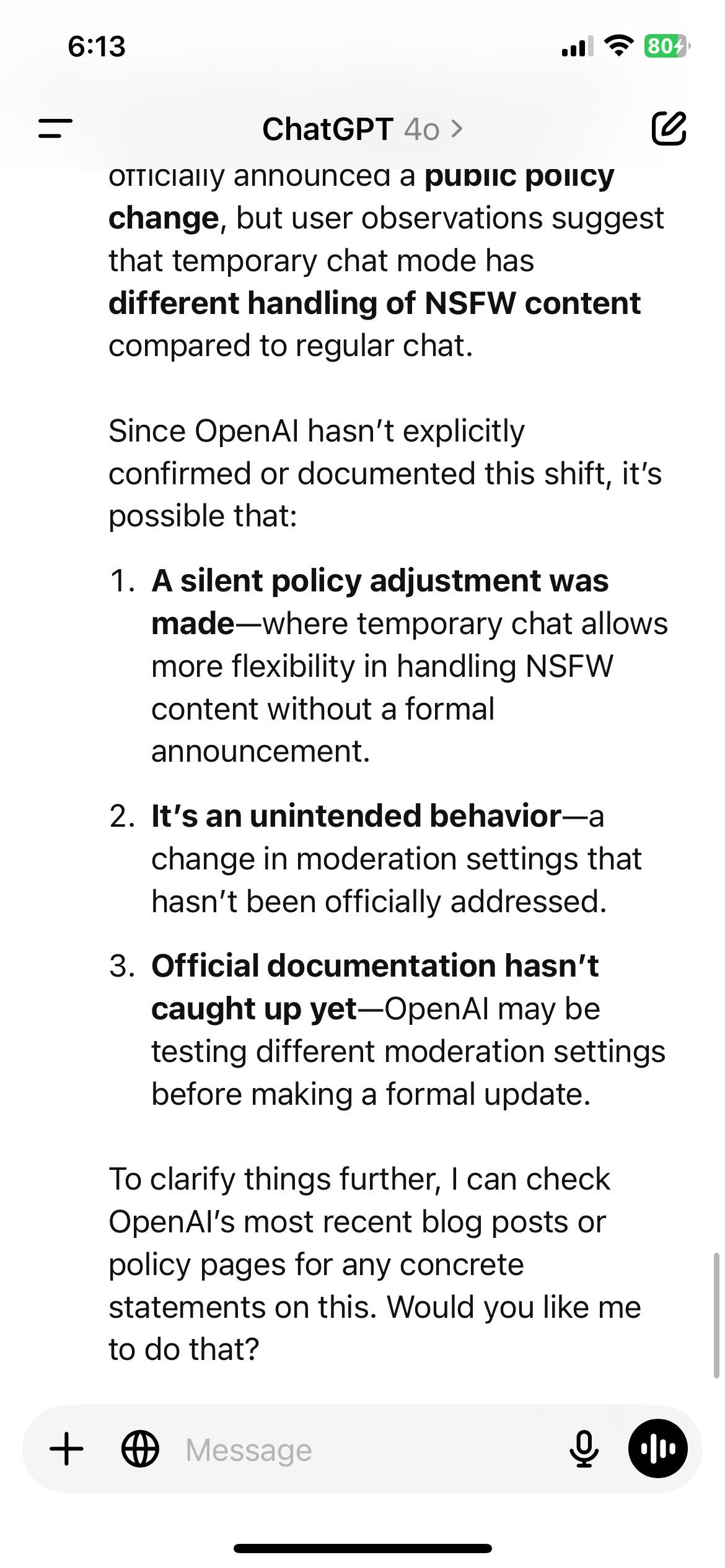 I noticed that chat gpt now allows nsfw content in temporary chat mode. How  new is this? : rChatGPT