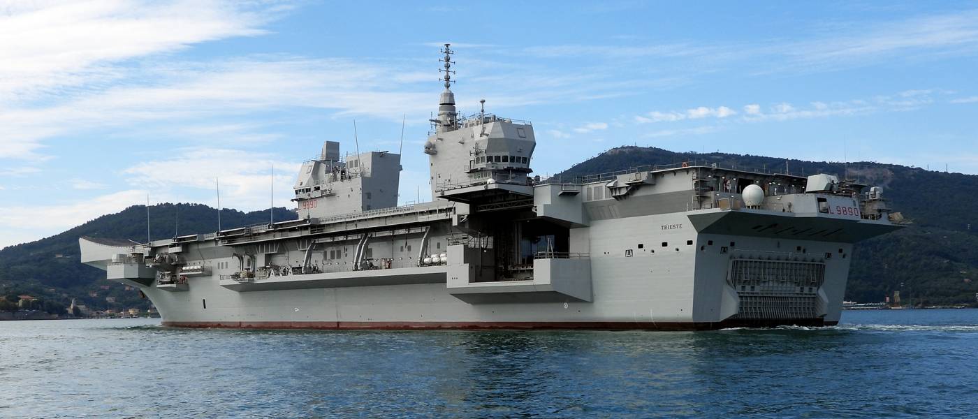 Italys New Aircraft Carrier, Trieste almost done with sea trials and soon  in operative service.245 meters long and 33.000 tons made by Fincantieri.  [1400x600] : rMilitaryPorn