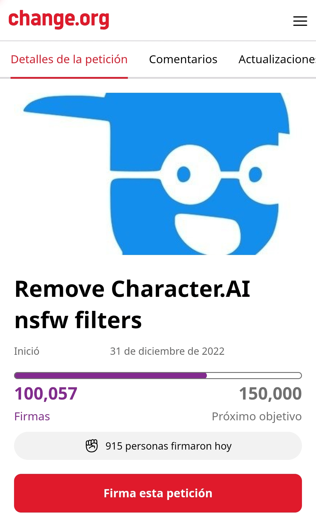 WE GOT 100K SIGNATURES!!! : rCharacterAI_No_Filter