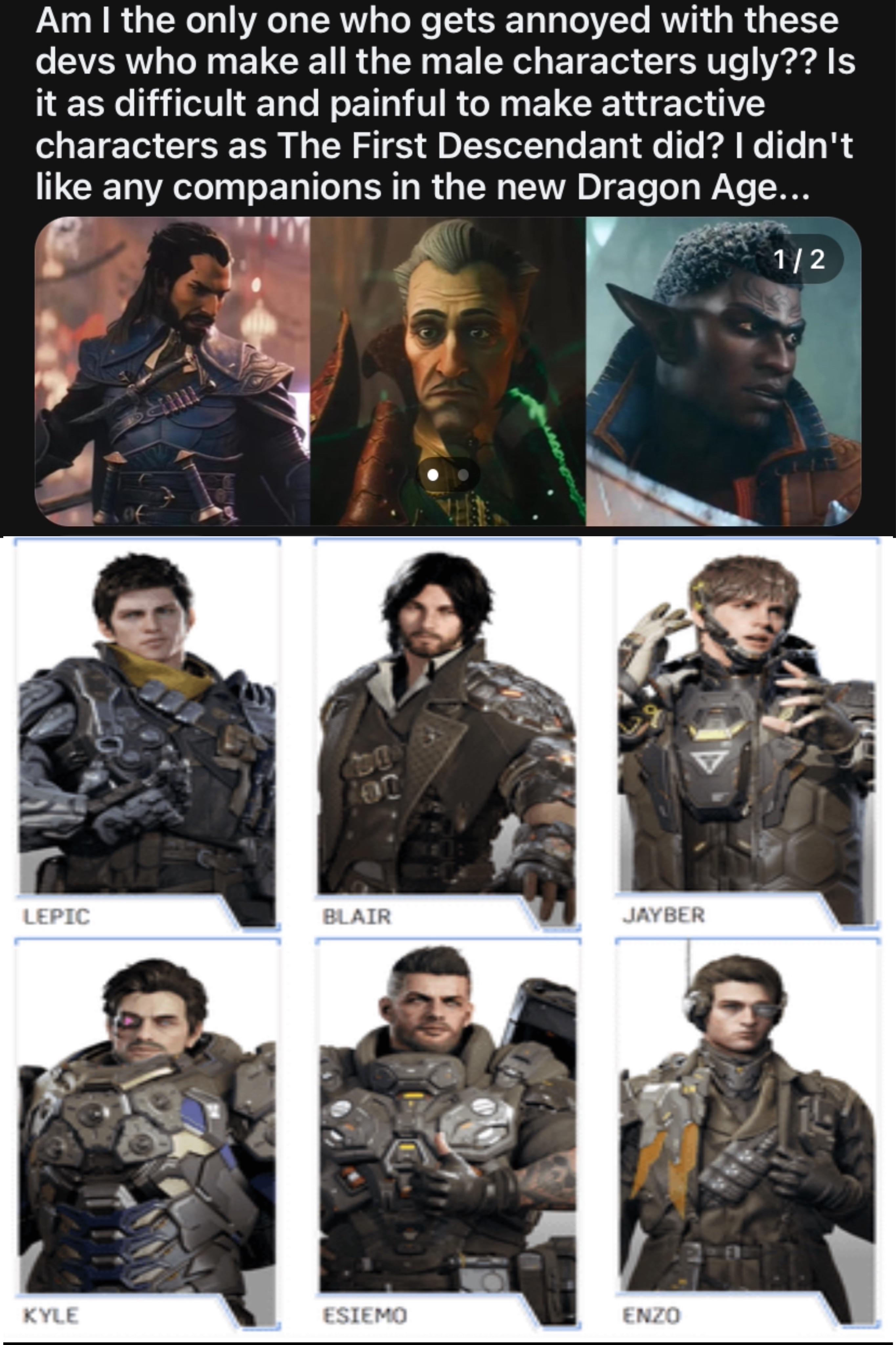 While taste is subjective, its so disappointing when other LGBTQ people  have views like these. That black elf is straight up gorgeous, while all  the asset flip men in the 2nd slide