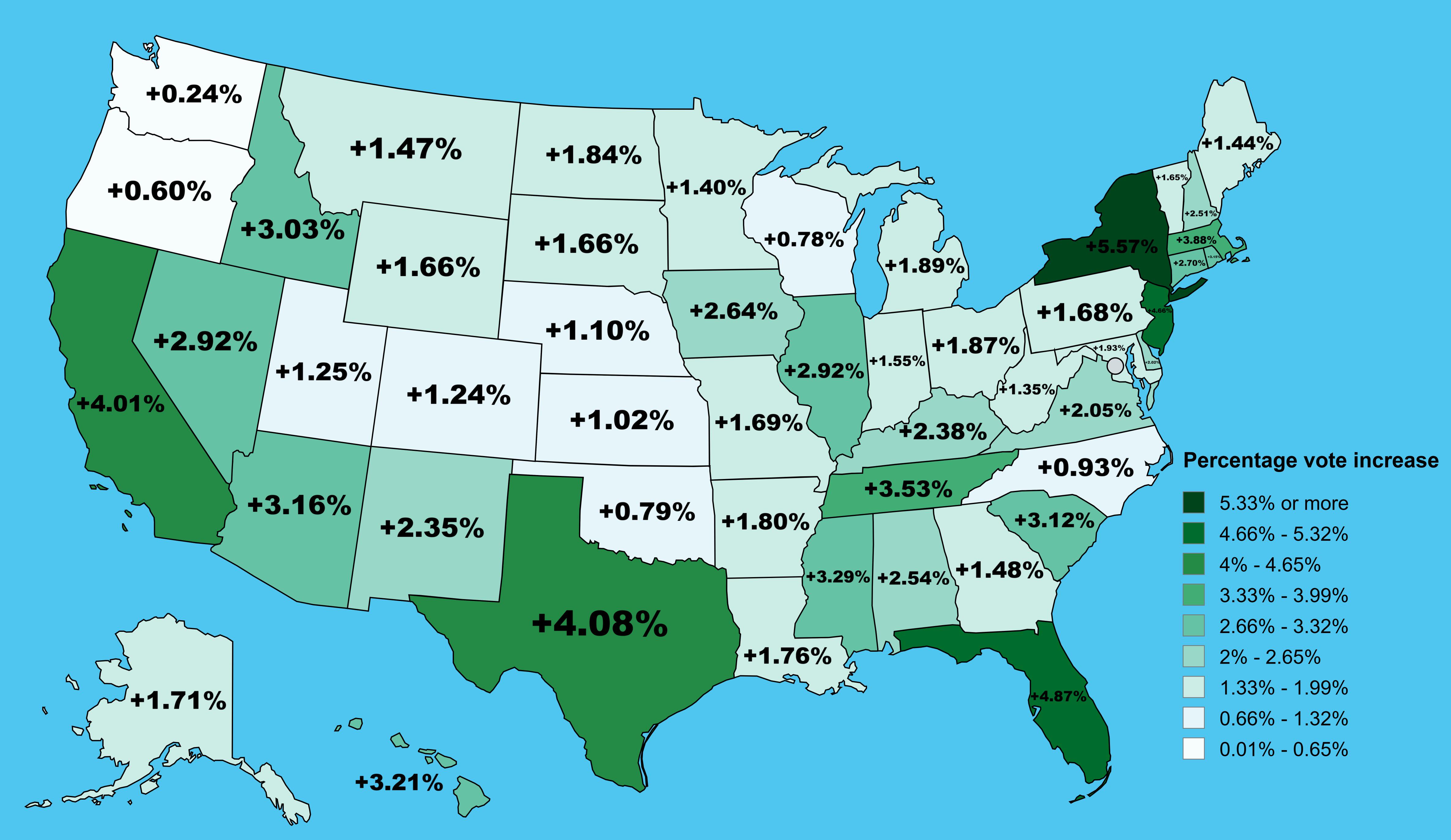 Percentage increase in vote percentage for Trump in each US state from the  2020 to 2024 presidential election : rMapPorn
