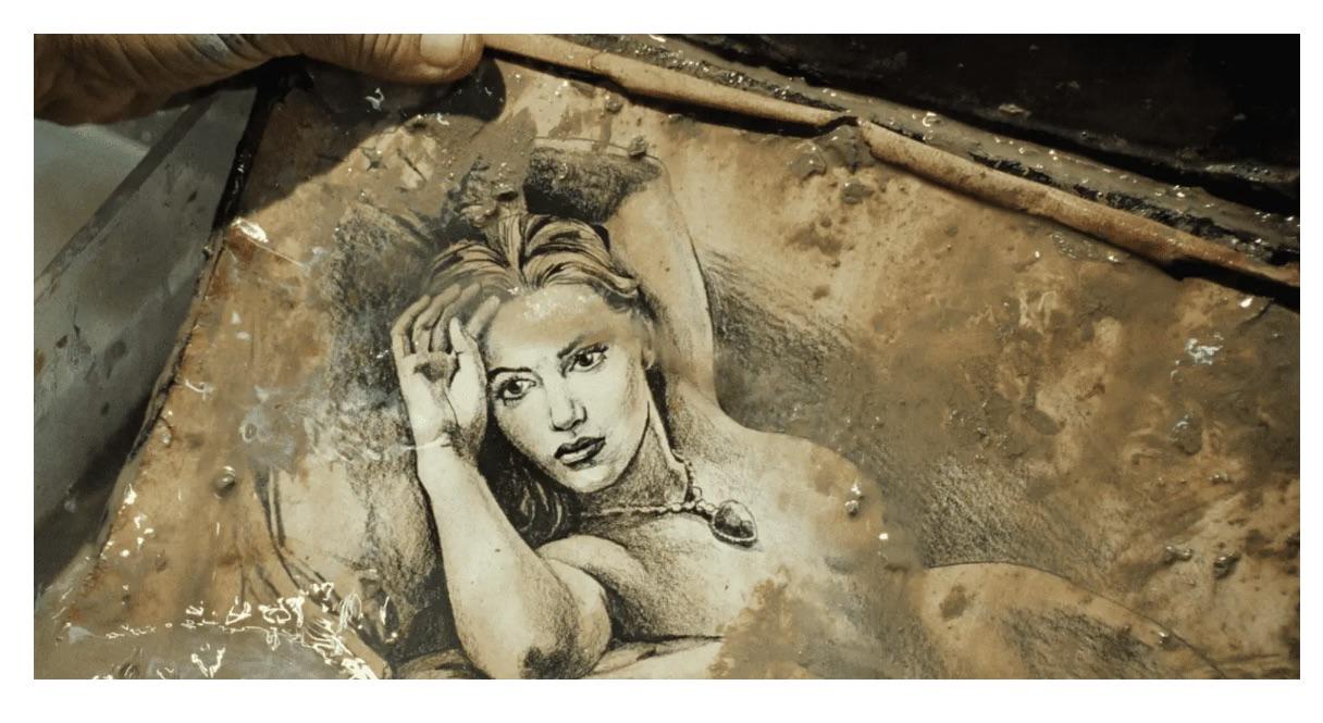 In Titanic (1997) a paper and pencil drawing of a naked Rose wearing the  Heart of the Ocean necklace is discovered mostly intact despite the fact  its been immersed under 15,000 feet