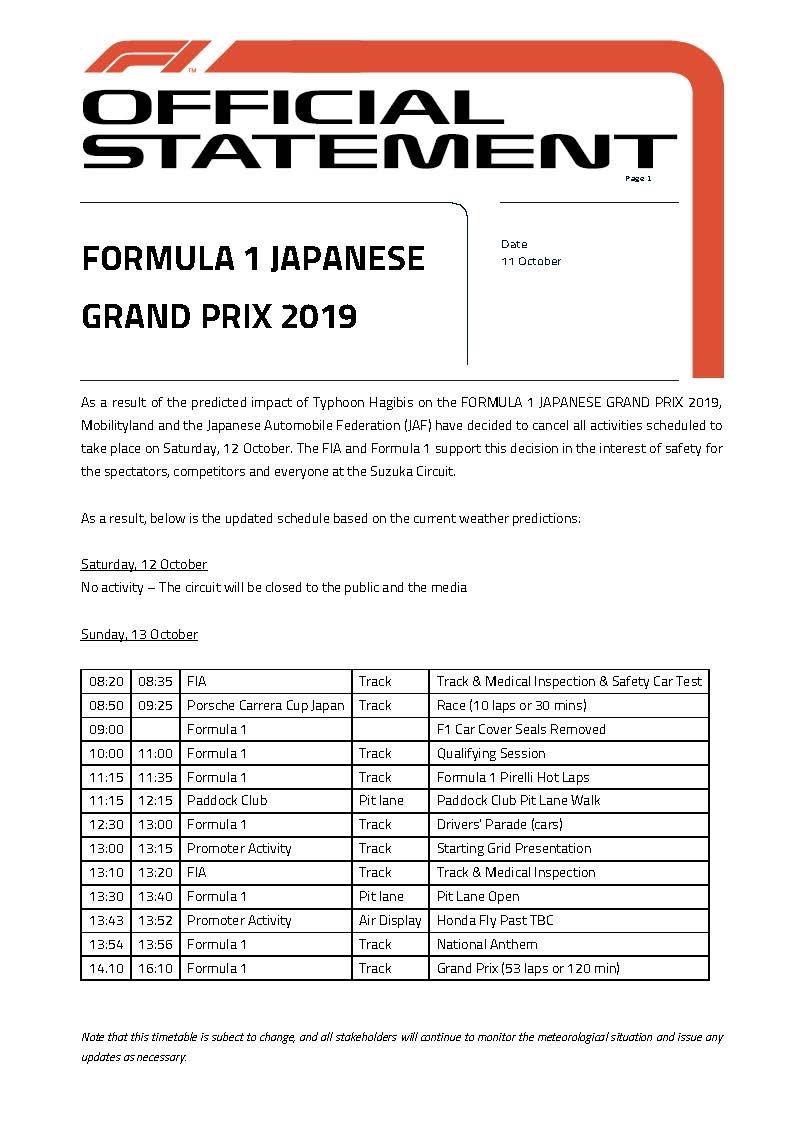 Offical Statement From Formula 1 About The Typhoon Formula1