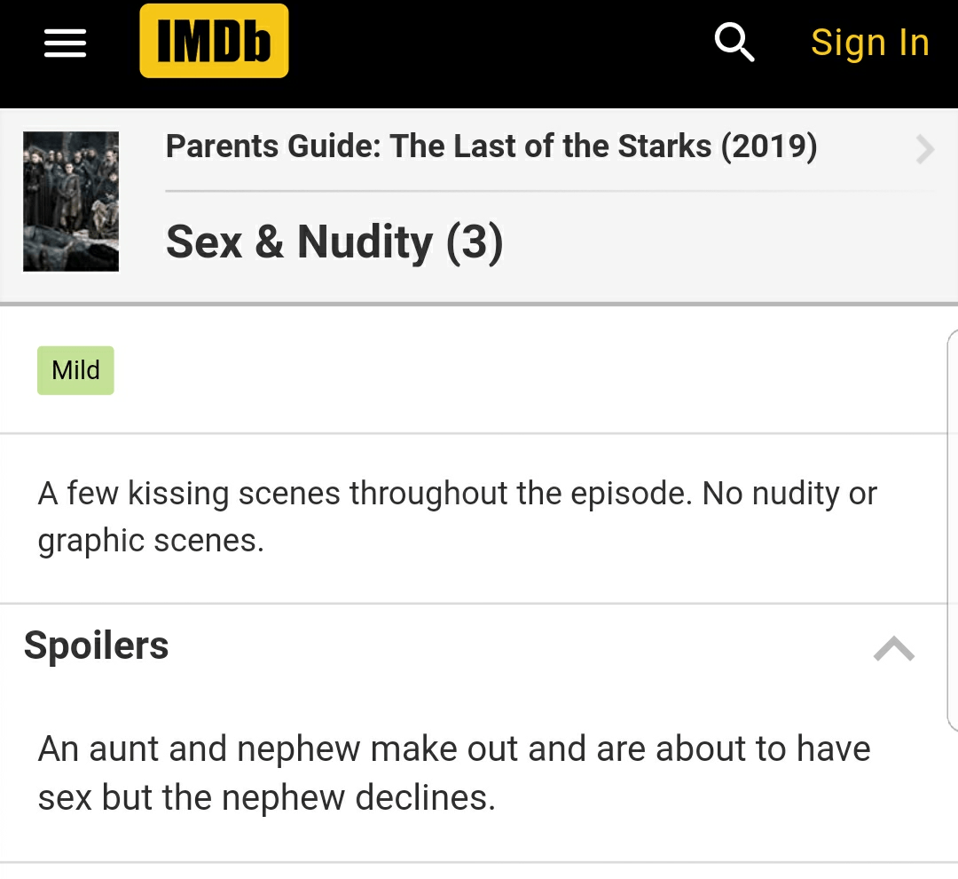 The IMDb parents guide for episode 4 makes it sound like a porno. :  rfreefolk