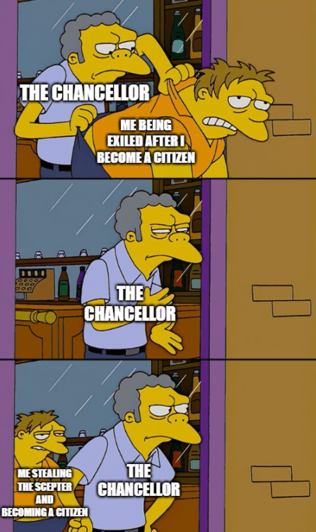 I won the game as chancellor (flashyearth2.0!!!), one of the exiles helped me to win the game, therefore making it impossible for my backstabbing citizen to win. Meme I Made After Playing A Game Of Oath Today R Oathgame