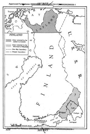 CIA map, regarding rumors about possible exchange of territories between Finland and Soviet Union. 1953.