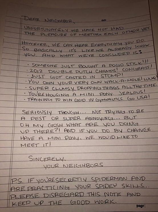 A Friend Wrote This Letter To Her Upstairs Neighbors Funny