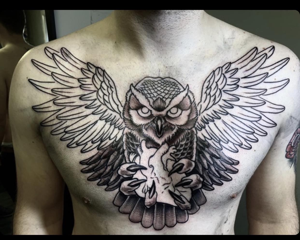 Wip Owl Chest Piece By Fran At Black Gate Tattoo Widnes Uk Tattoos