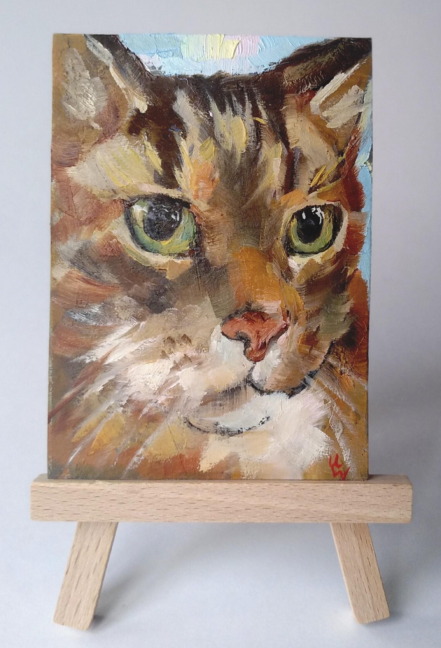 A tiny portrait of a cute tabby cat. Oil on cardboard 3.5x2.5 in, me, 2022  : rartistspeakeasy