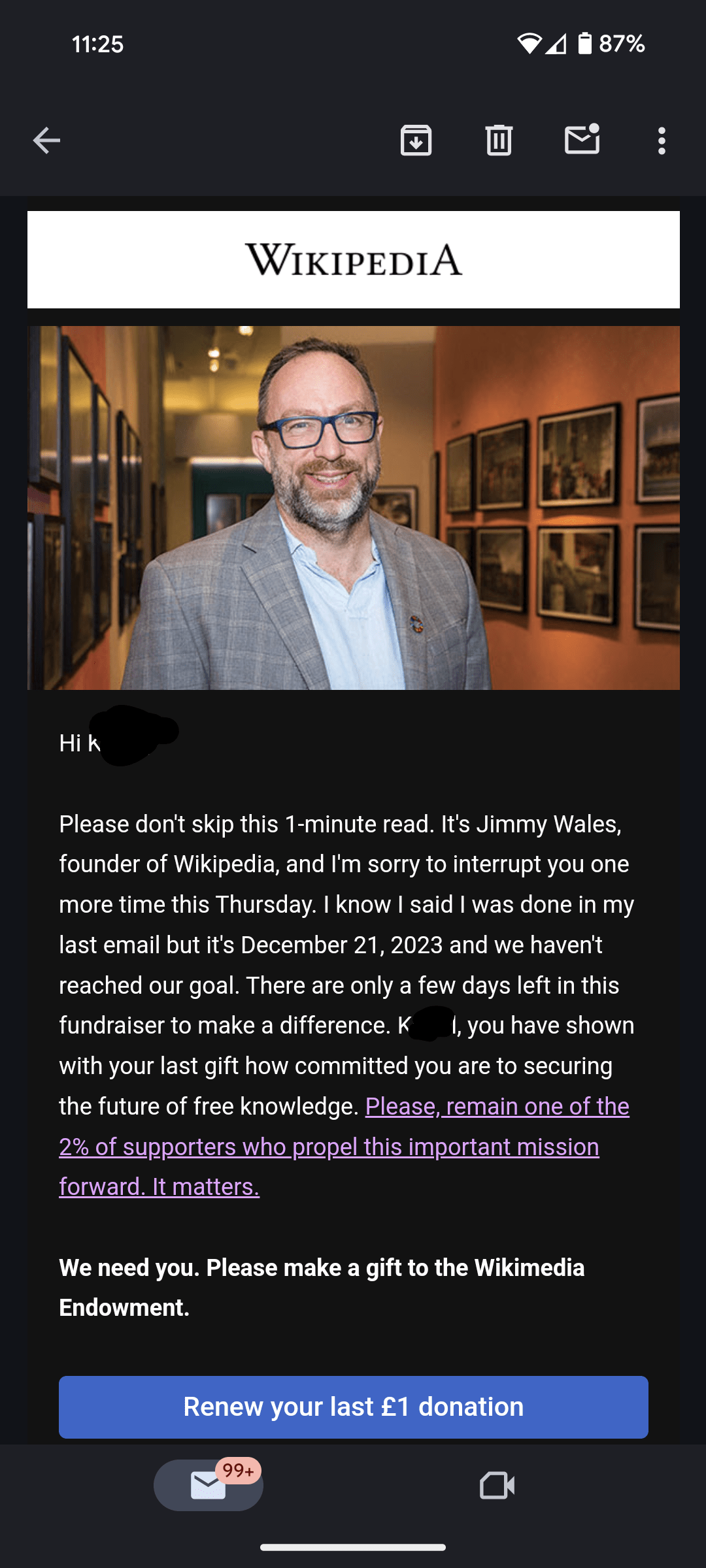 捐过一次，然后就一直收到维基百科的邮件: rmildlyinfuriating