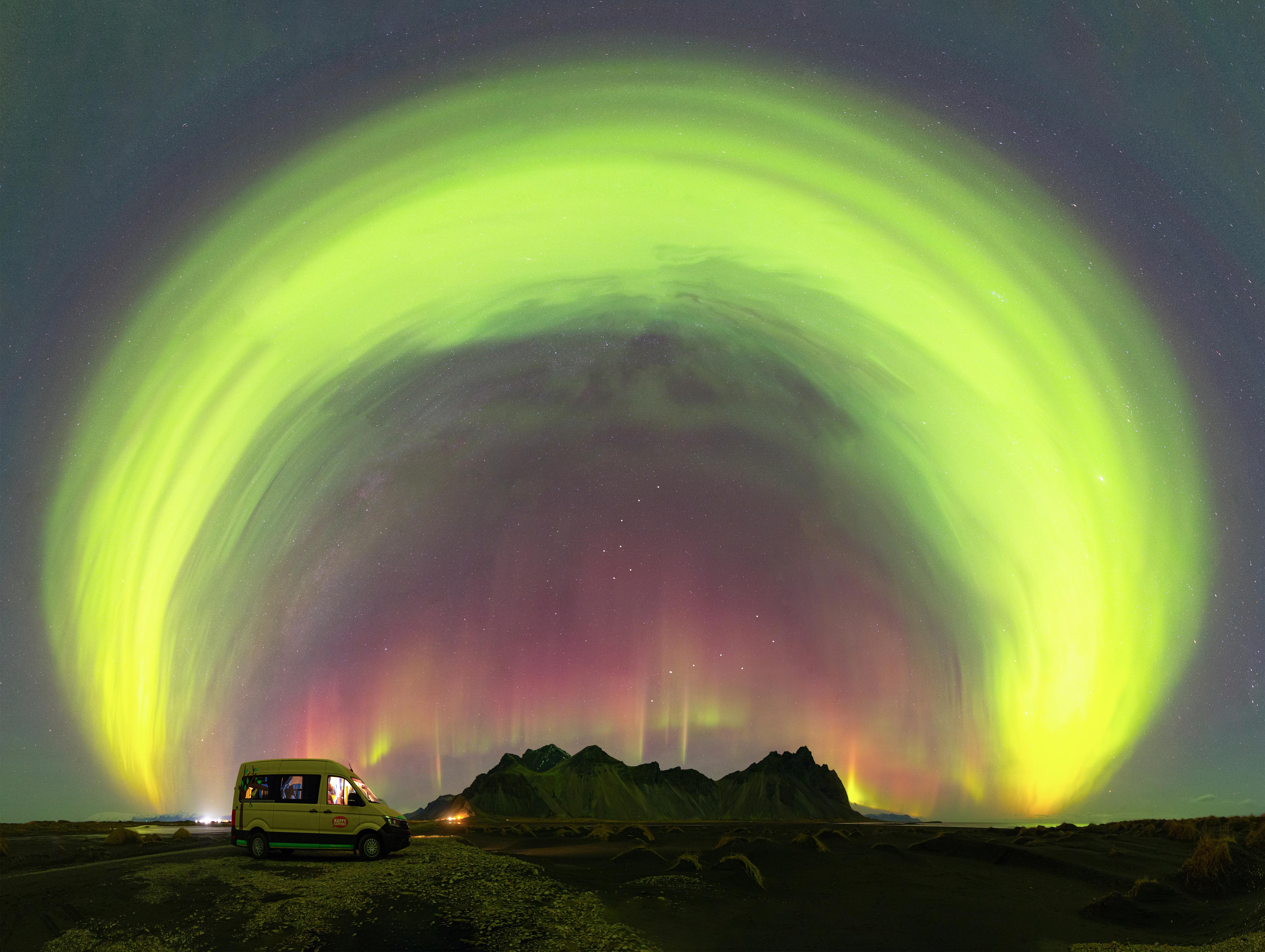 Campsite under a giant aurora arc over Vestrahorn, Iceland :  rinterestingasfuck