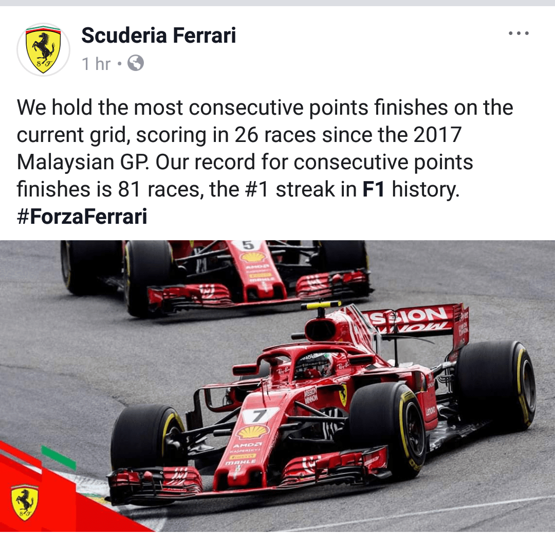 Ferrari Holds The Record For The Most Consecutive Points