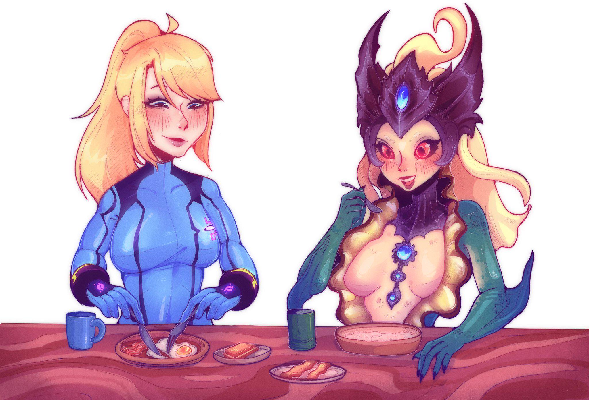 Samus having bacon & eggs for breakfast (@ikaatako) : rMetroid
