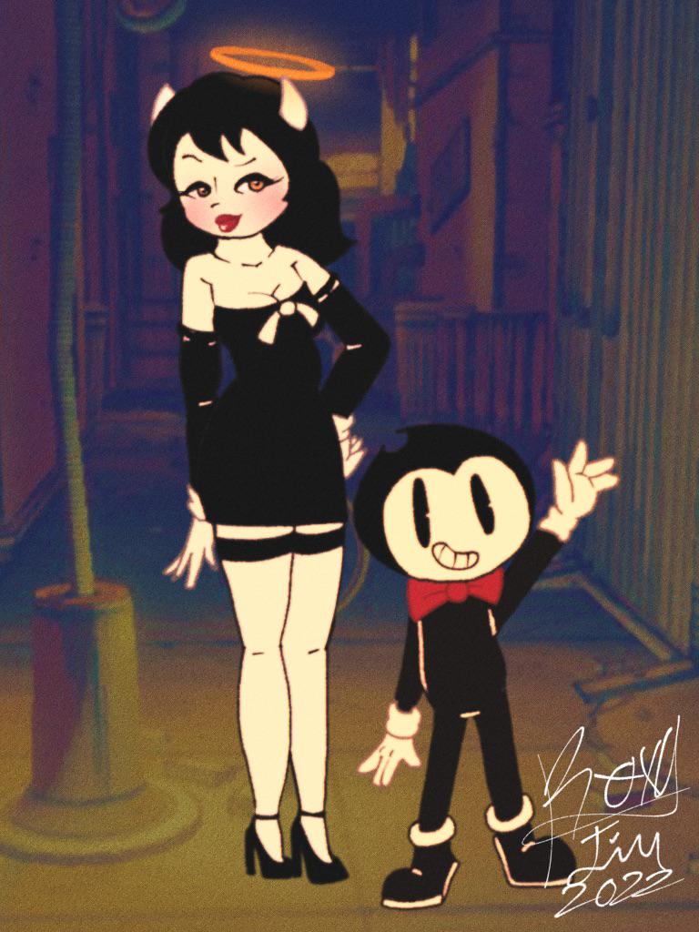 I drew alice angel and bendy in a more 1990s style. I was inspired by Cool World!(∩╹□╹∩) : rBendyAndTheInkMachine
