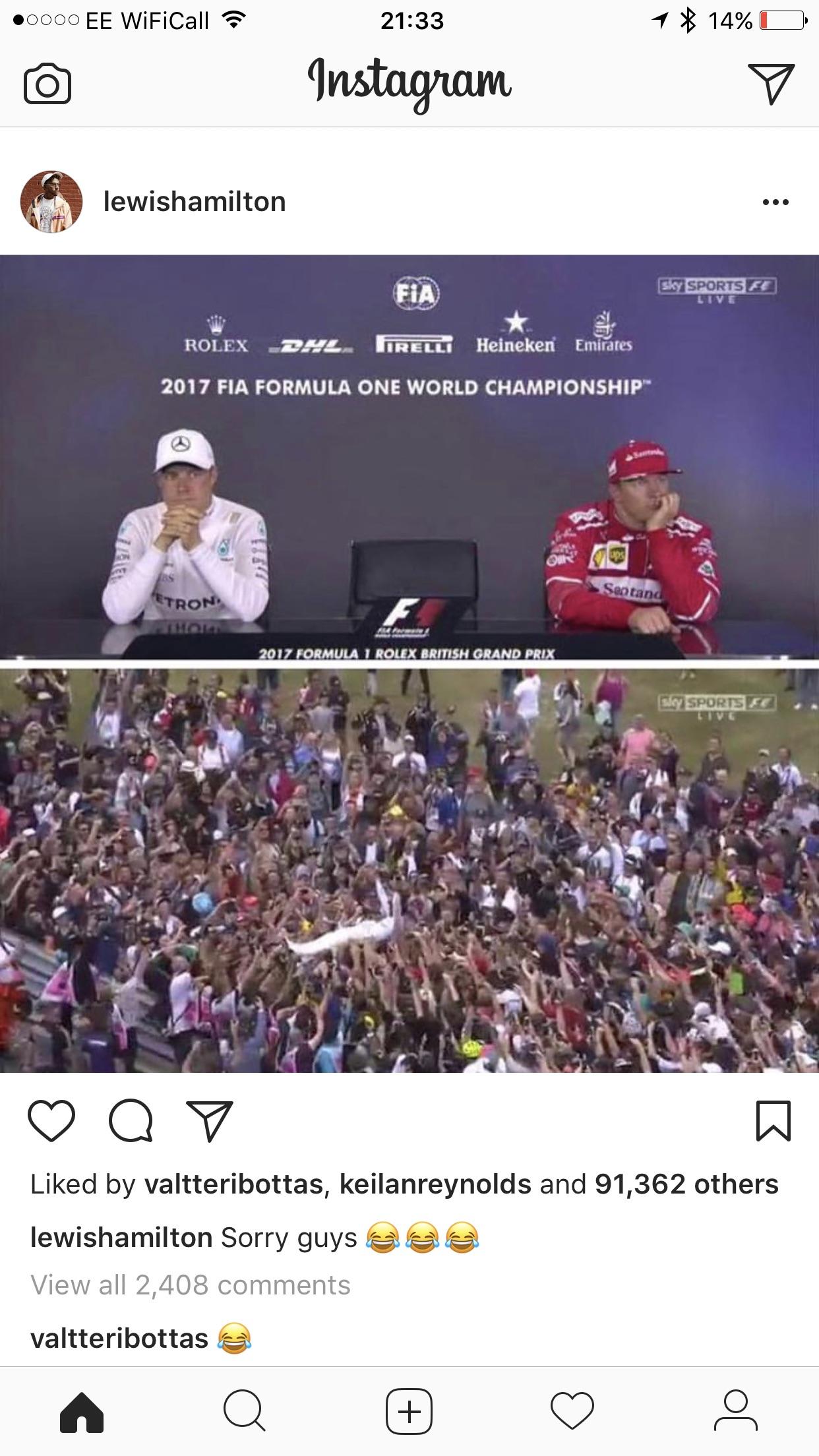Hamilton S Instagram And Valtteri S Reply Formula1
