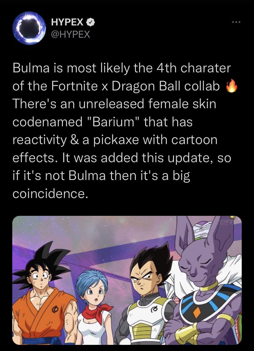 Bulma is most likely the 4th charater of the Fortnite x Dragon Ball collab.  Via: (@HYPEX) : rFortniteLeaks