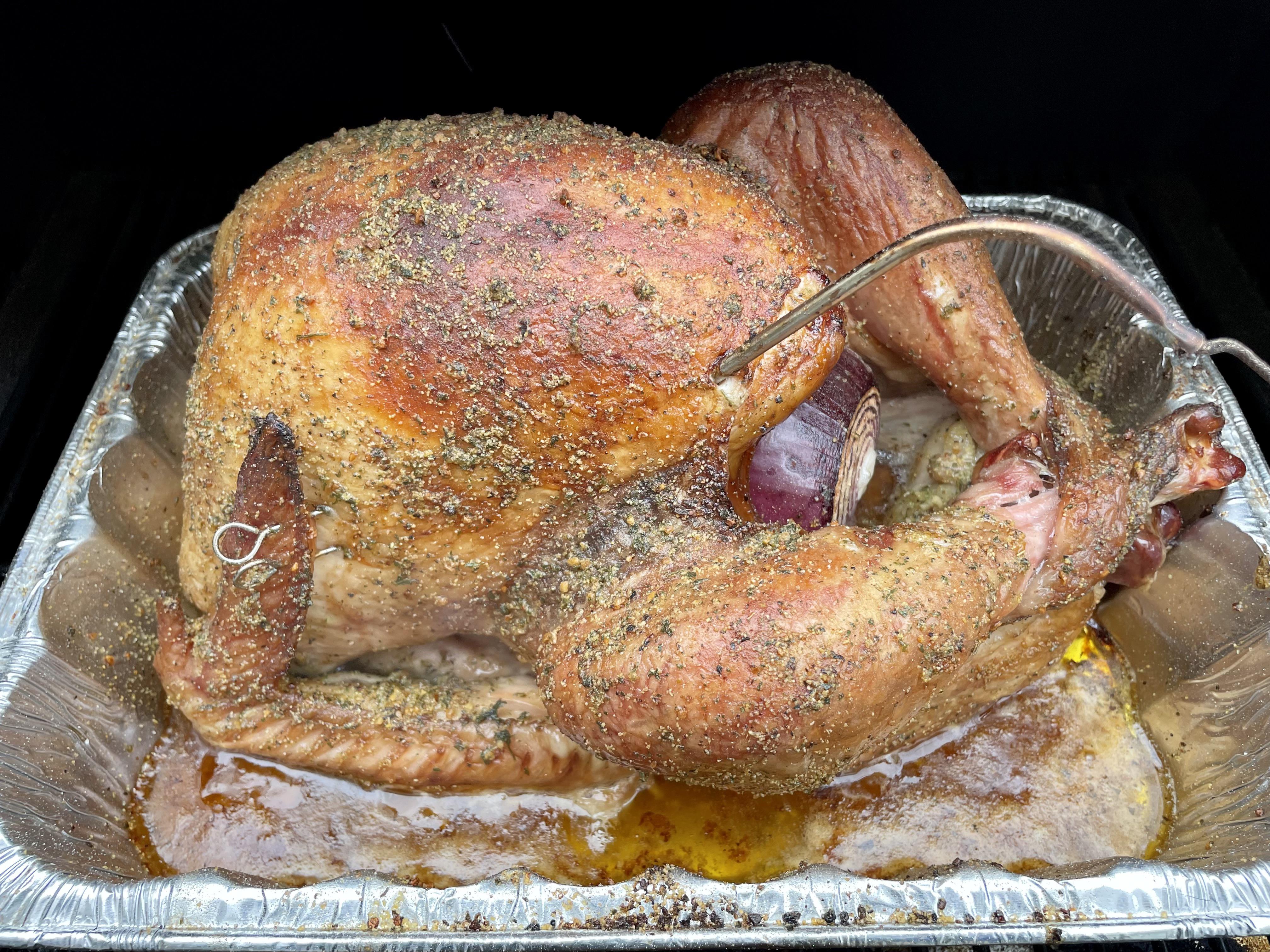 brined and herb butter basted smoked turkey rtraeger on traeger turkey recipe reddit