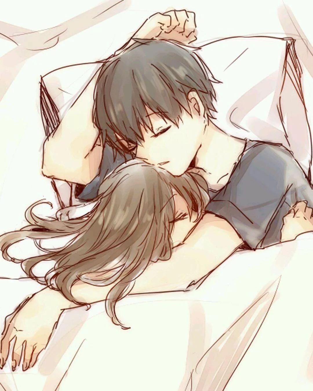 Anime couple hugging in bed
