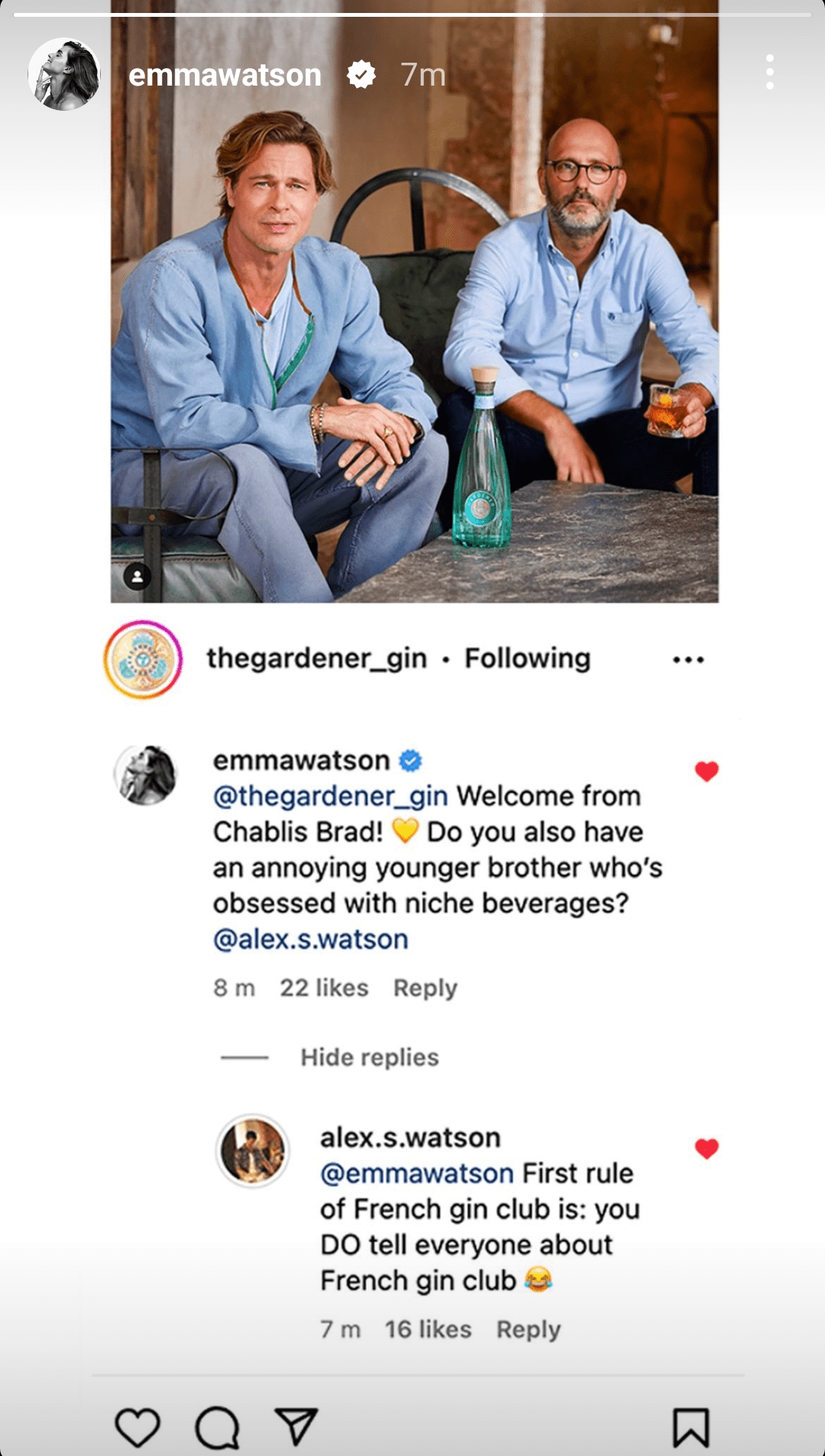 Emma Watson giving Brad Pitt a shout-out on Instagram - an authentic post