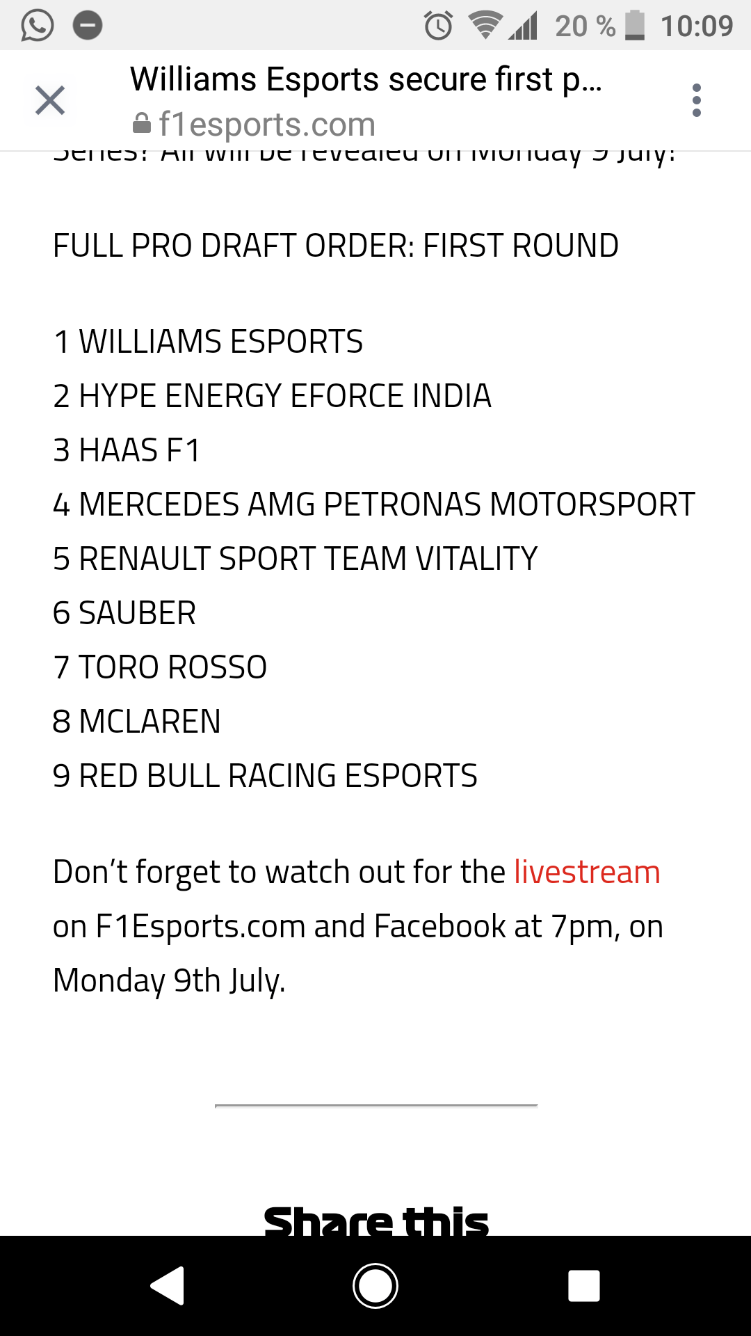 F1 Esports Draft Order Every Team Is In Except For