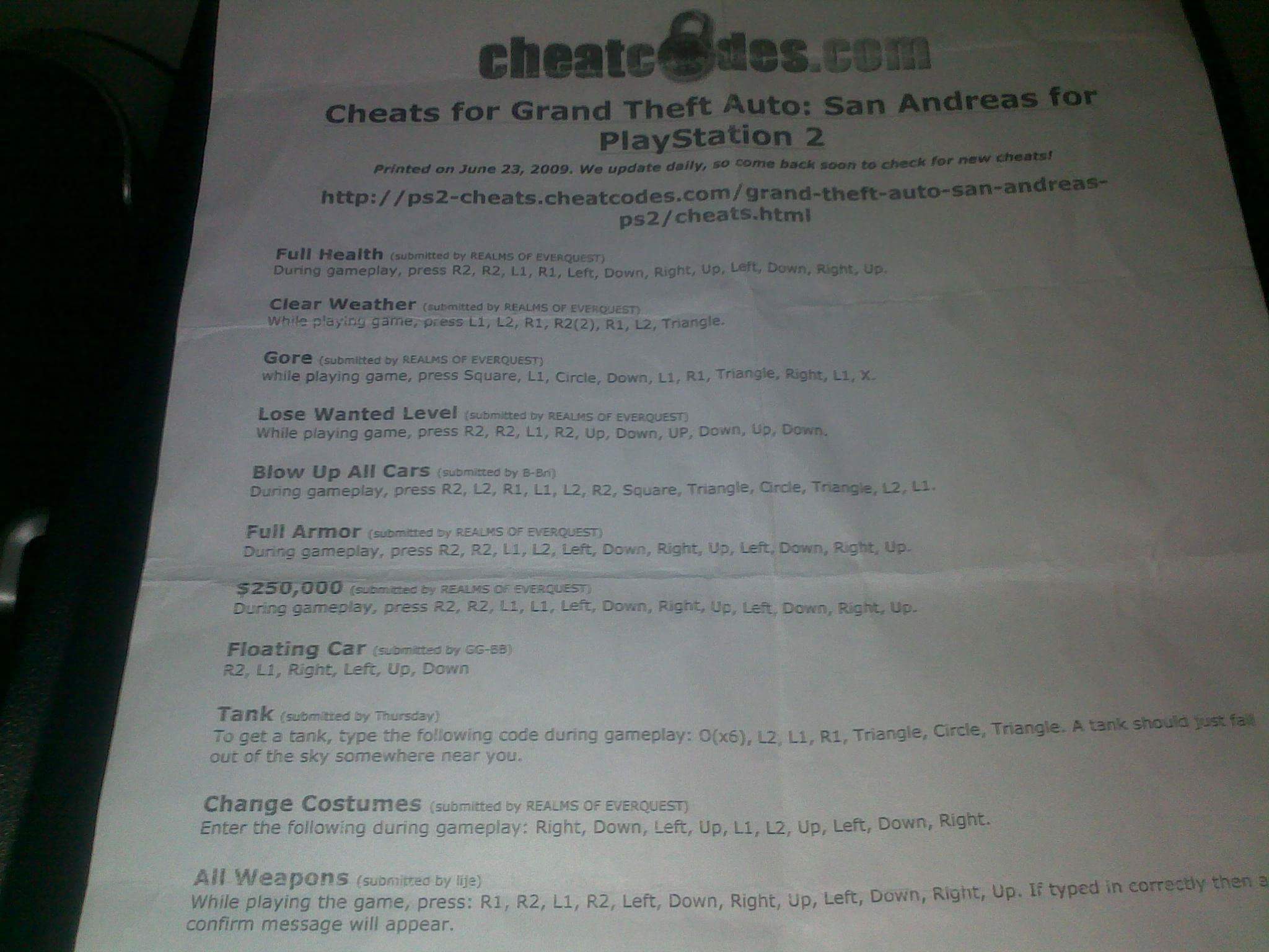 Gta San Andreas Cheat Codes Ps2 