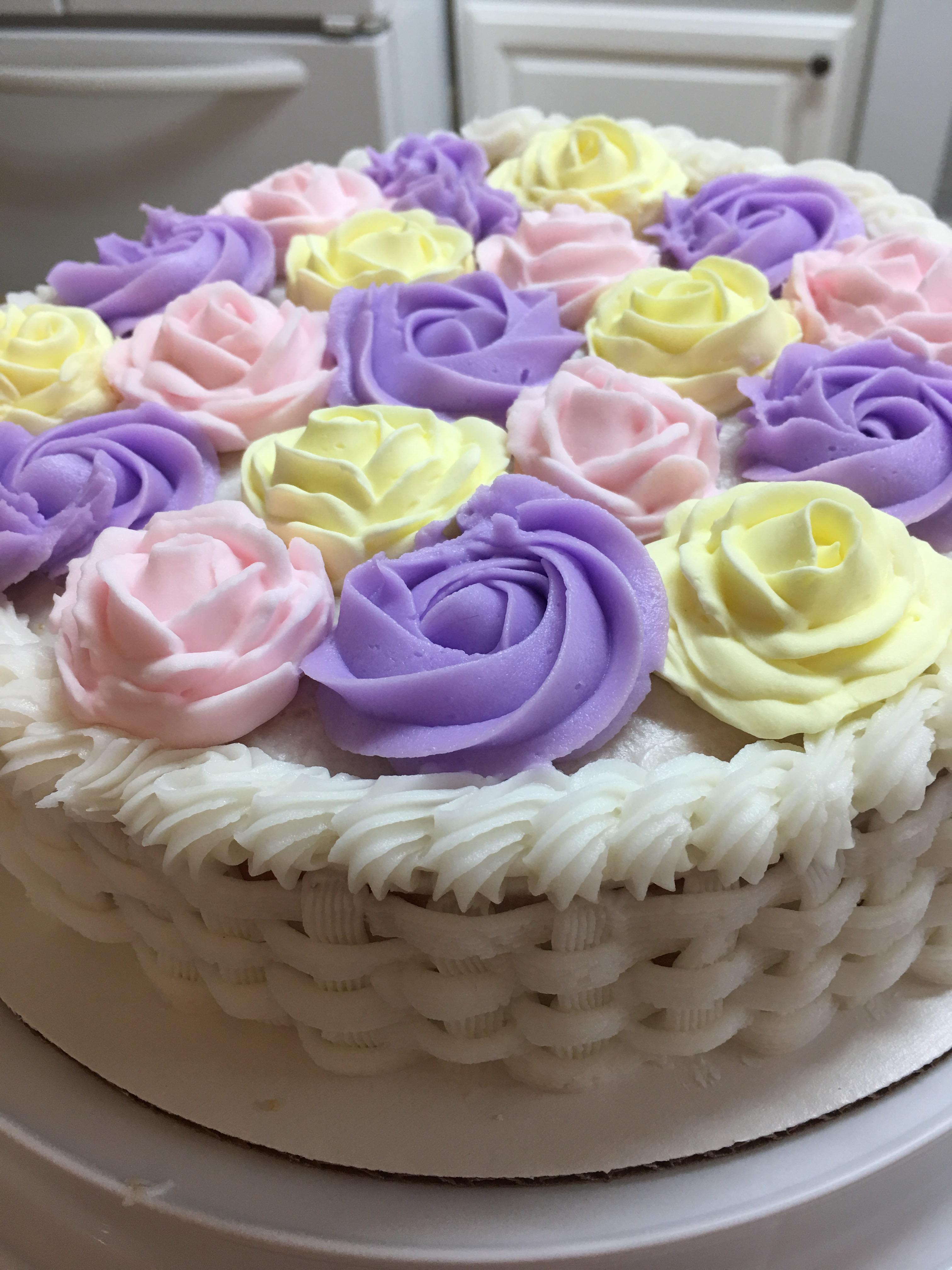 Approximately 8h x 10w x 10d. Happy Easter I Made Today S Easter Lunch Cake The Pink And Yellow Flowers Are Royal Icing The Purple Flowers And Basket Weave Are Buttercream White Cake With Peach Champagne Flavored Buttercream