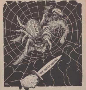 “The Dutch East Indies in Japan’s Web”, illustration referring to the Japanese occupation of the Dutch colony of East Indies, with the United Nations cutting it free from the Japanese spider; made by Harry Waters Armstrong (1883-1954), c. 1942