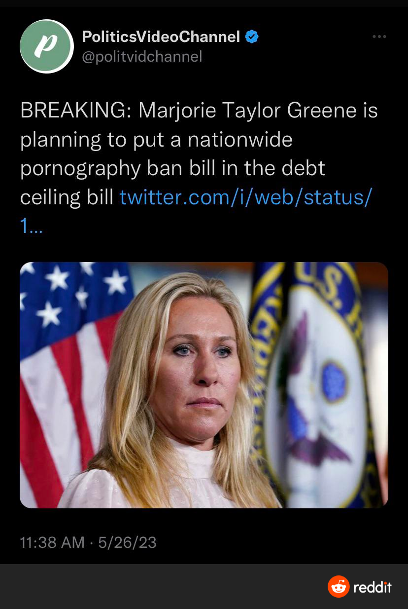 If she wants to ban porn, just put her face in front of every porn video. :  rPoliticalHumor