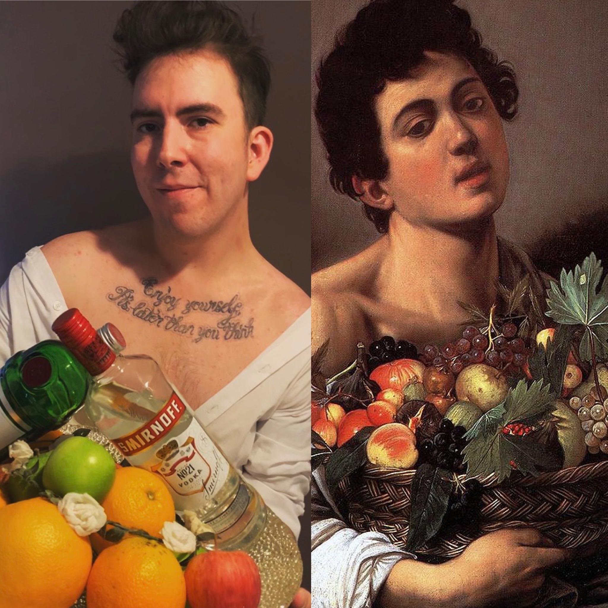 My Getty Challenge Attempt With Boy With A Basket Of Fruit Painting By Caravaggio Gettymuseumchallenge