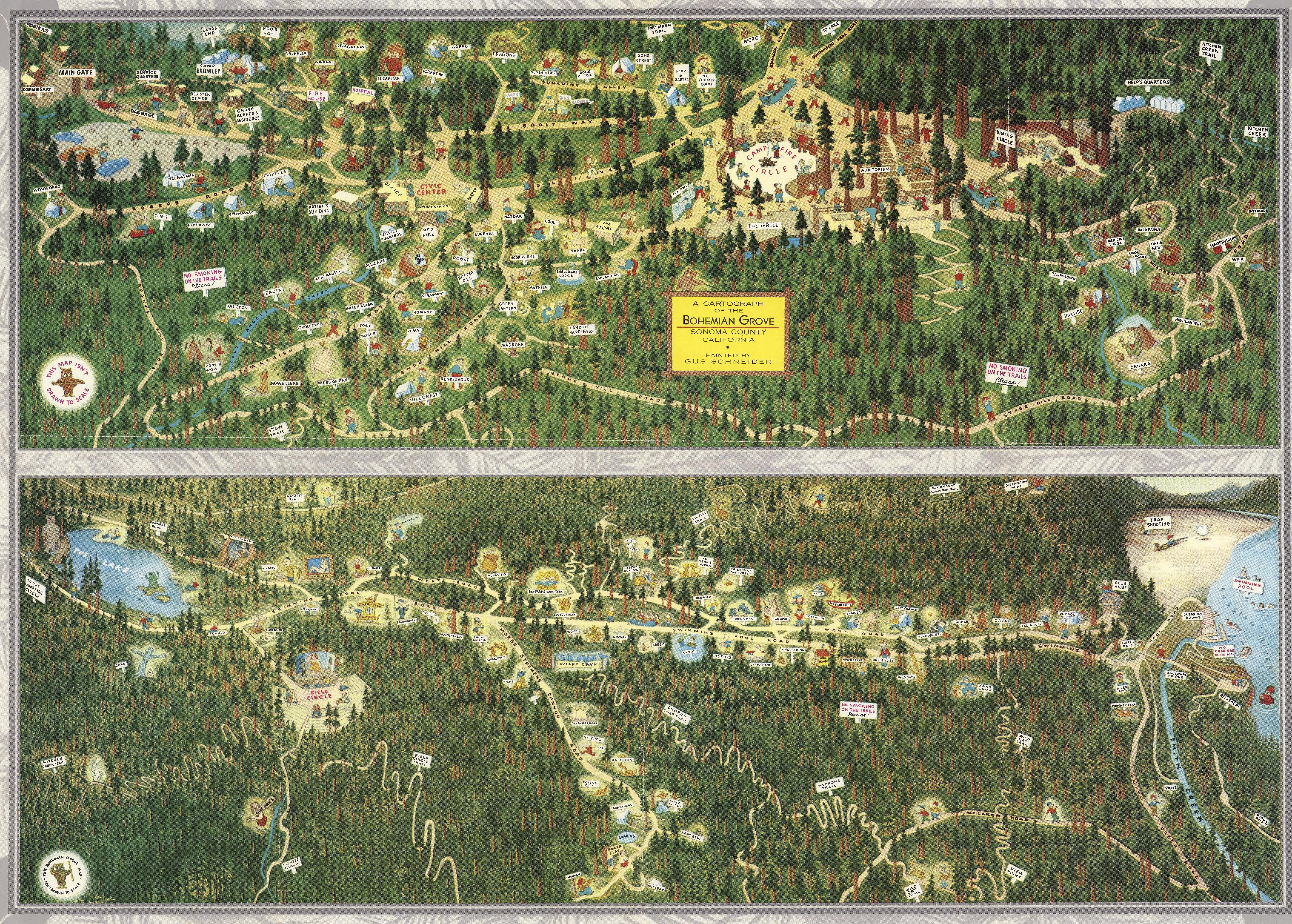 Bohemian Grove ( Circa 1952 by Gus Schneider) home of the dubious Bohemian  Club whos motto is Weaving Spiders Come Not Here, : rMapPorn