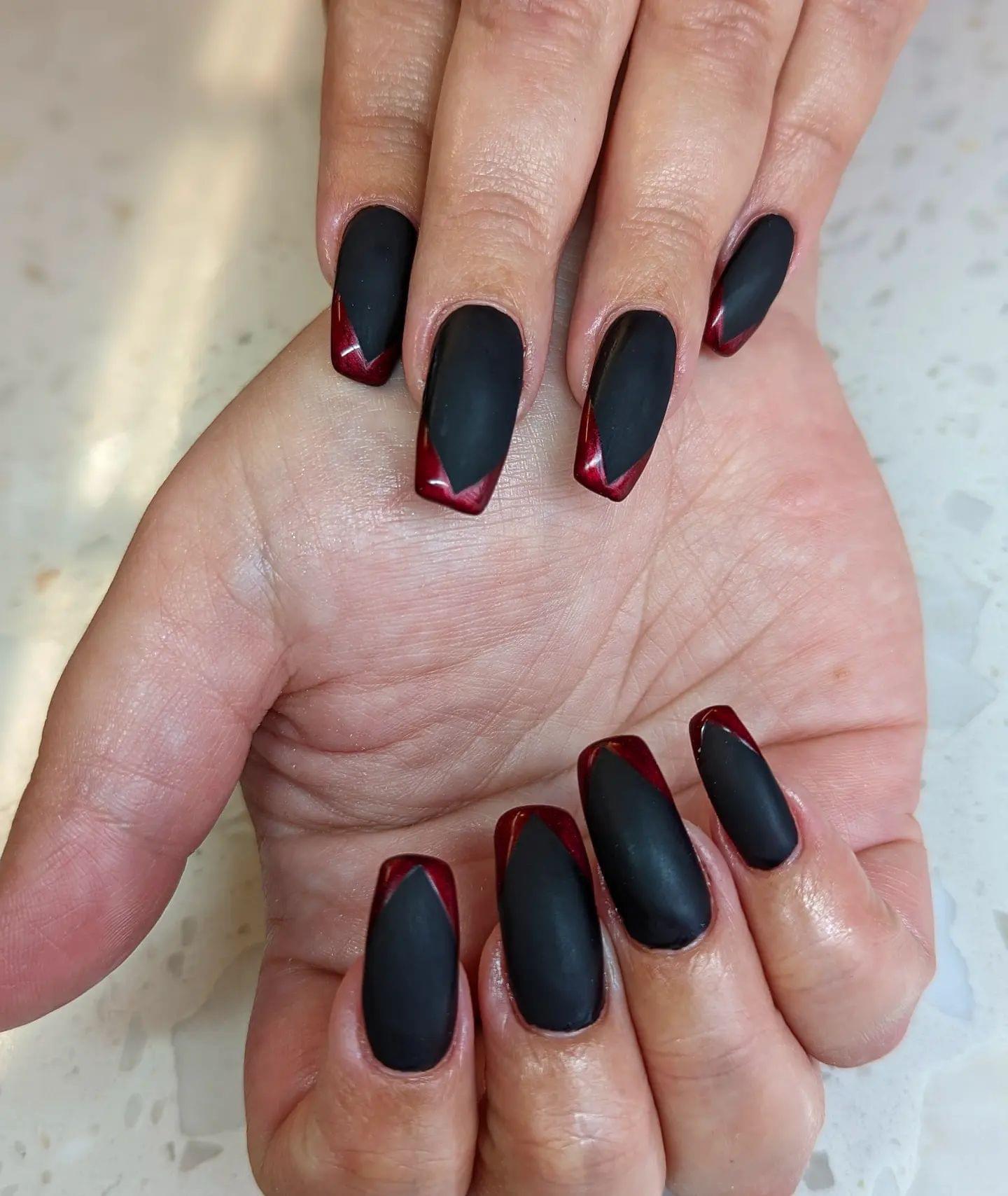 Sparkly Red Chevron Tipped Nails With Matte Black Base R Nails Sparkly Red Chevron Tipped Nails With Matte Black Base R Nails