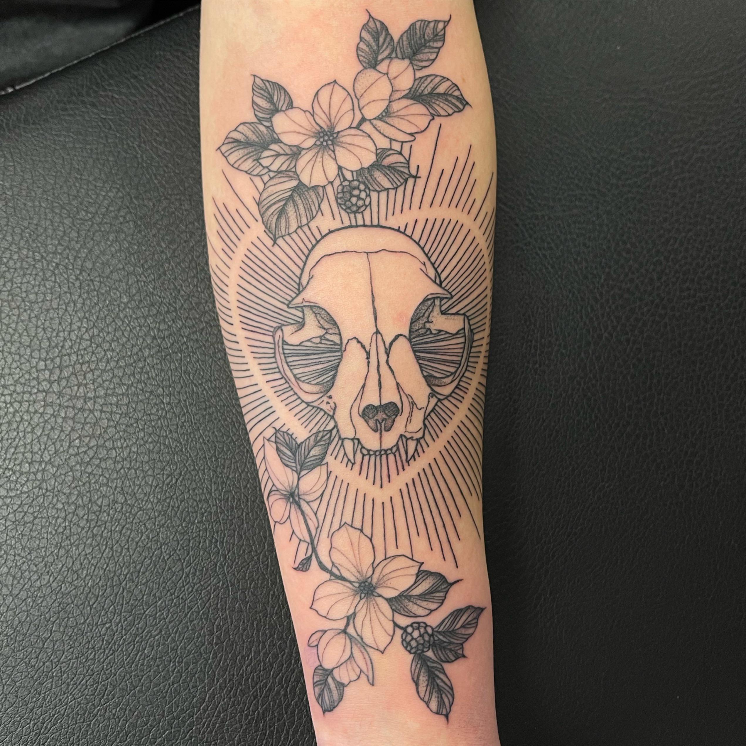 Cat skull and flowers by Eva Perez at Crooked Soul Tattoo ( Plainville, CT ) : rtattoos