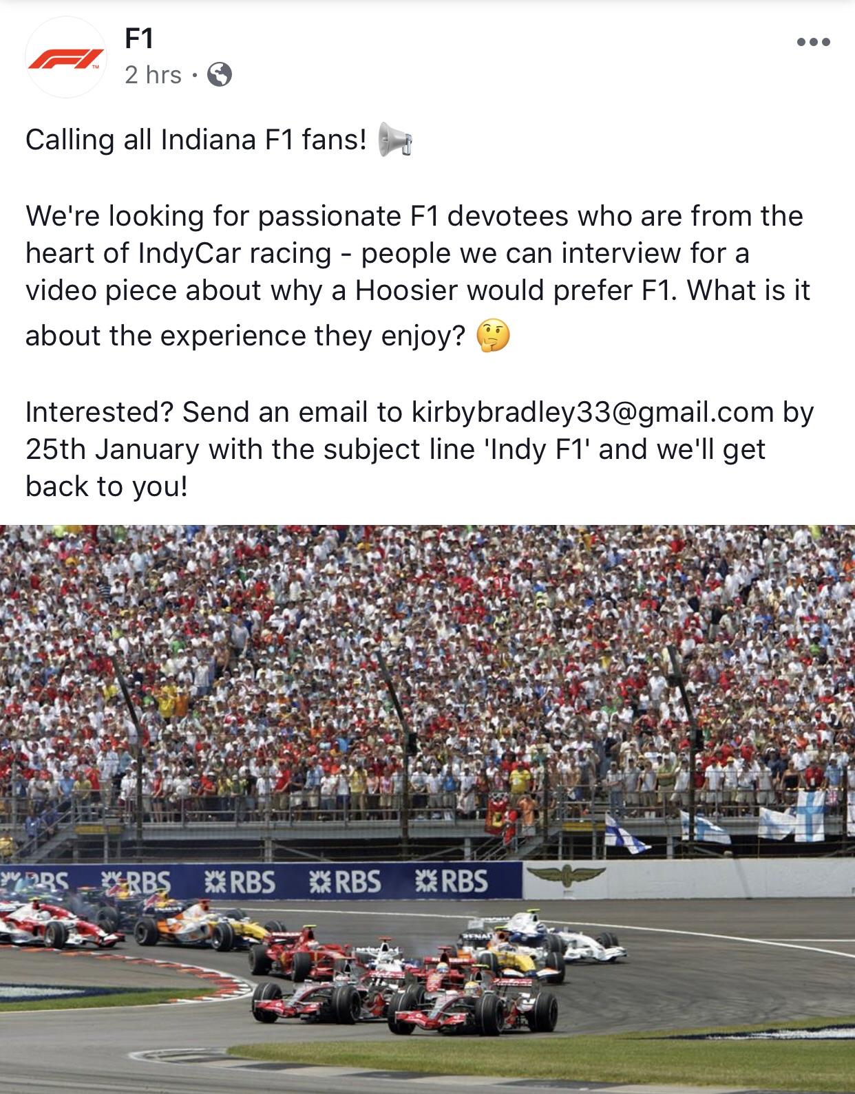 Formula 1 Is Looking For Fans In Indiana For A Video Shoot