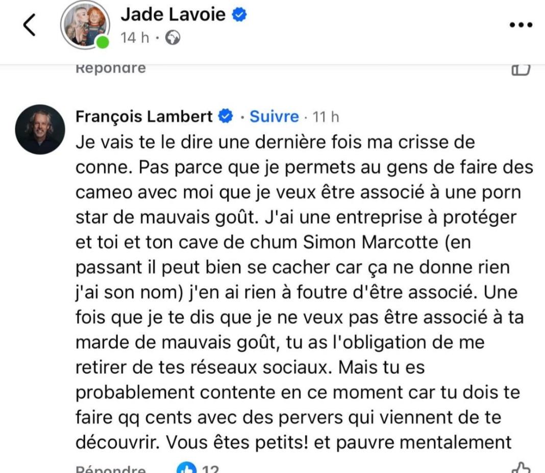 François Lambert in an open conflict with the influencer and adult actress Jade  Lavoie after she made AI videos with his face : rcauserie