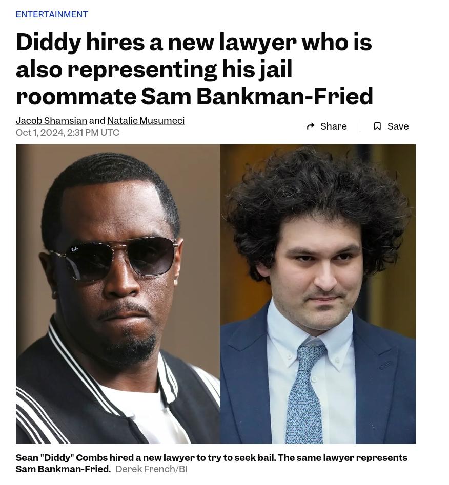 Diddy hires a new lawyer who is also representing his jail roommate Sam  Bankman-Fried : rBrandNewSentence