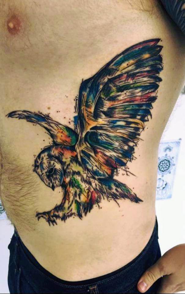 Gratuito Download immagini Watercolour Owl On The Ribs From Lucky 13 Tattoo In Hull By Darren ultima da parte di