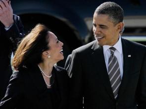 President Obama walks with California Attorney General Kamala Harris on April 4, 2012