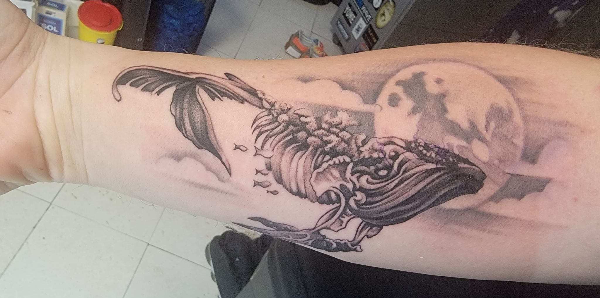 Just got this done, gojira inspired flying whale tattoo aka. bake
