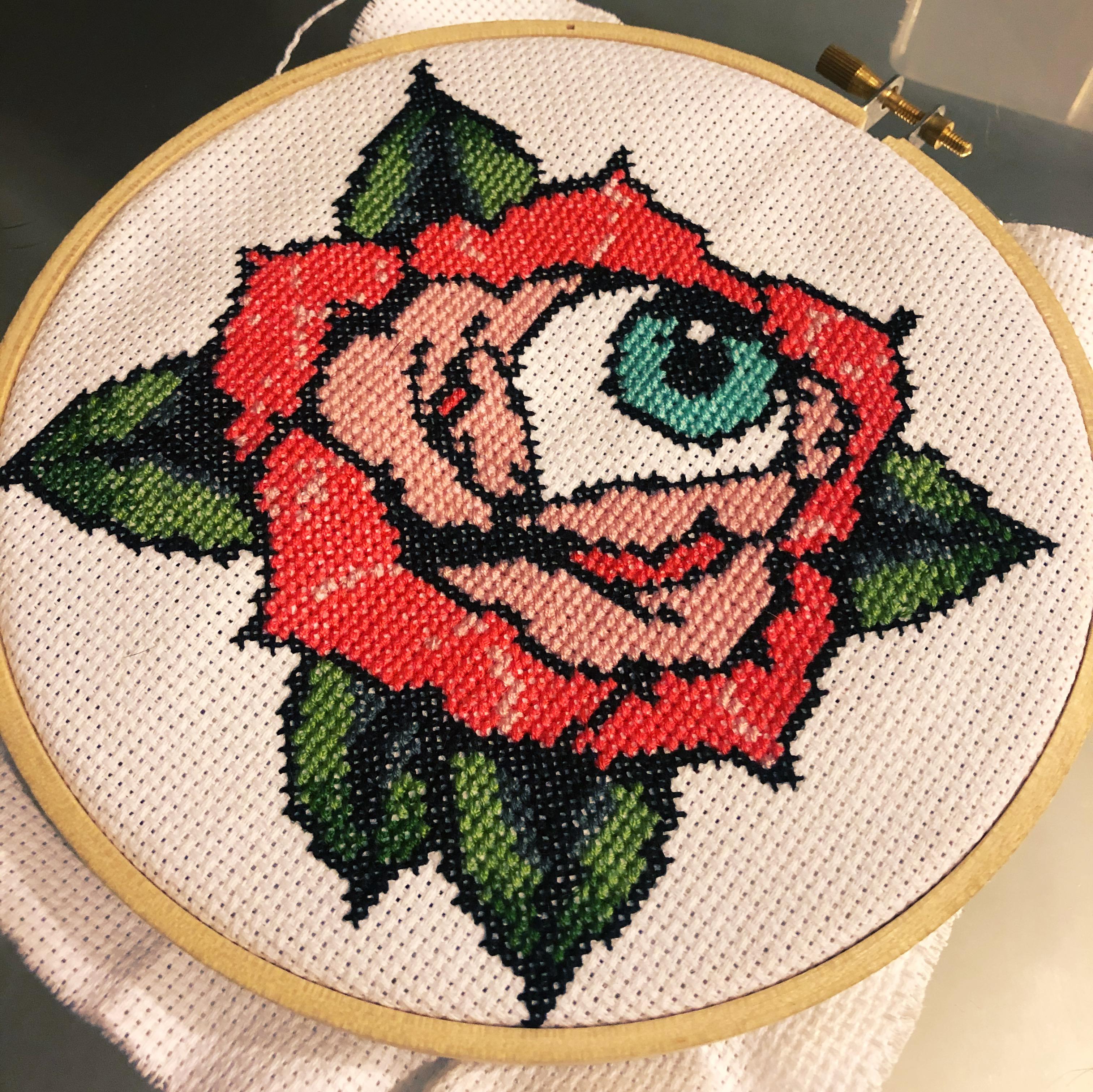Fo Rose Eyeball Inspired By American Traditional Tattoo Flash Crossstitch