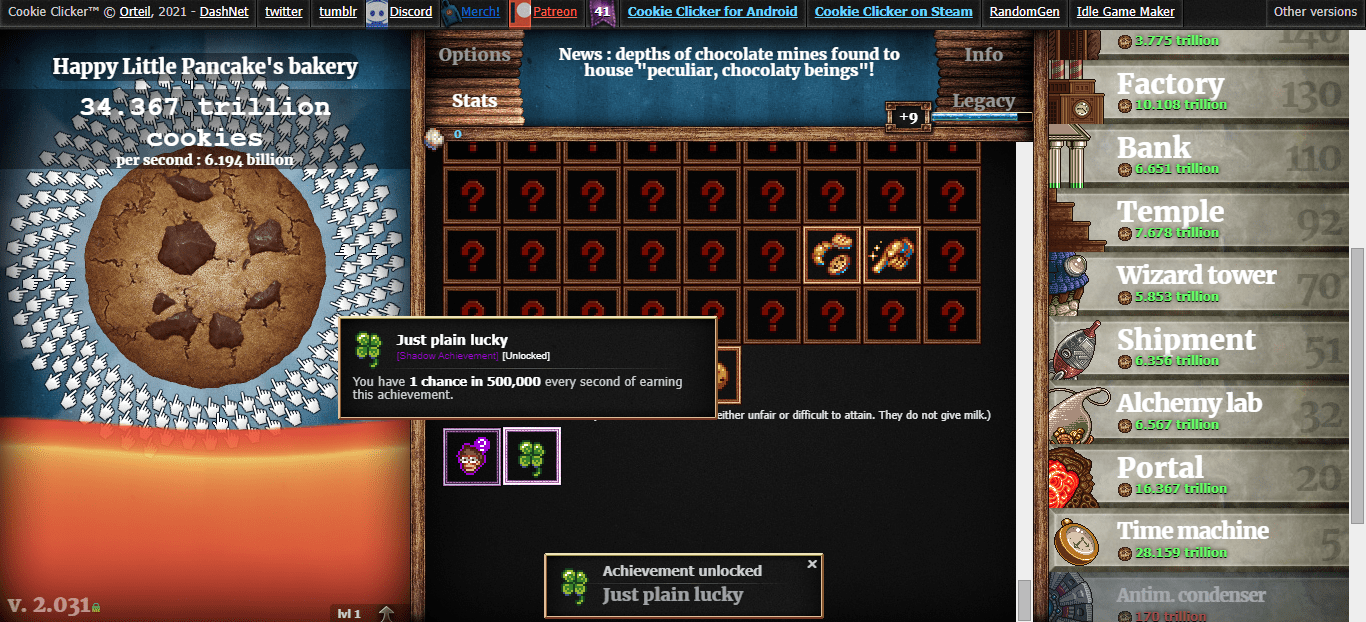 Just Plain Lucky Shadow Achievement R Cookieclicker As of 2031 there are 613 normal upgrades and as of 2029 12 debug upgrades.