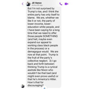 The message JD Vance sent to his friend suggesting Donald Trump might be “America’s Hitler.”